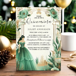 Träd Guld Mint Glam Emerald Grönt Quinceanera Inbjudningar