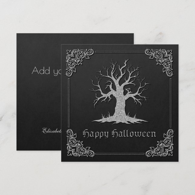 Träd Halloween-hälsningskort för silver (Fram/baksida)