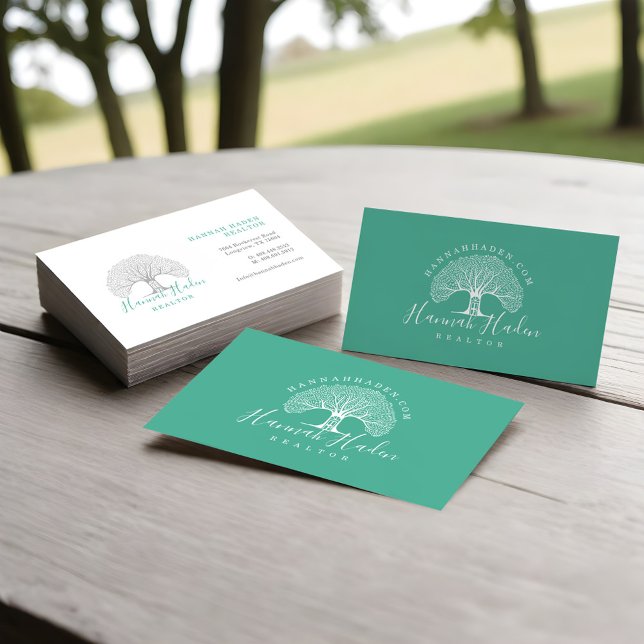 Träd House Real Gods Logotyp Realtor Visitkort (Flourishing Tree House Real Estate Logo Realtor Business Card)