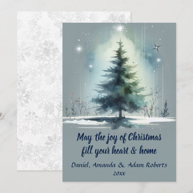 Träd i akvarellstil mot en medelblå bakgrund julkort (Fram/baksida)