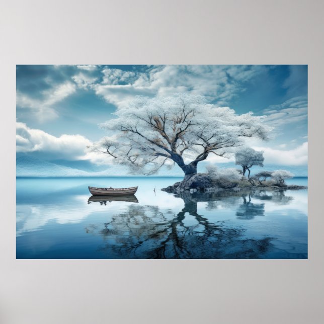 Träd i Lugn Sjö Serene Landskap Poster (Framsidan)