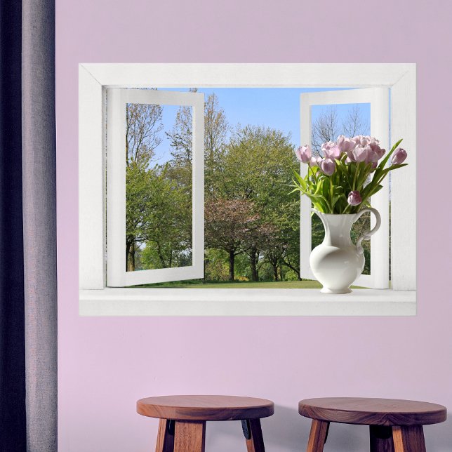 Träd i Springtime - Open Window View with Tulips Poster (Skapare uppladdad)