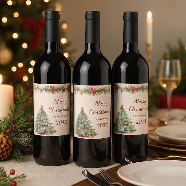 Träd krämfärgad blommigt jul jul Party Vinflaska Etikett (Skapare uppladdad)