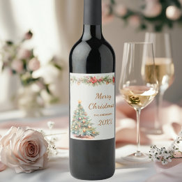 Träd krämfärgad blommigt jul jul Party Vinflaska Etikett
