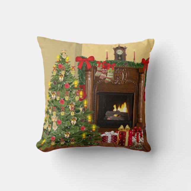 Träd, lager och fireplace Mysigt jul Kudde (Framsida)