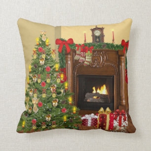Träd, lager och fireplace Mysigt jul Kudde