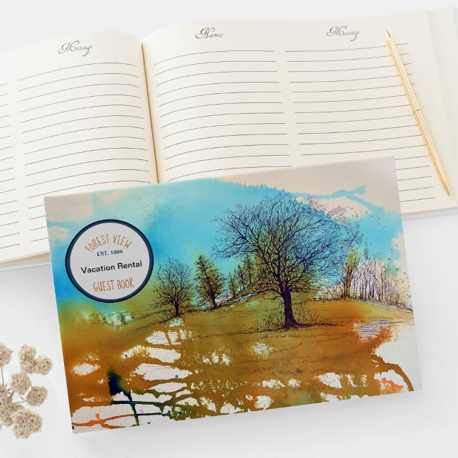 Träd Liggande vattenfärgsgrafik Art-förångningshyr Gästböcker (Tree Landscape Watercolor Art Vacation Rental Guest Book from Jenn's Emporium. )