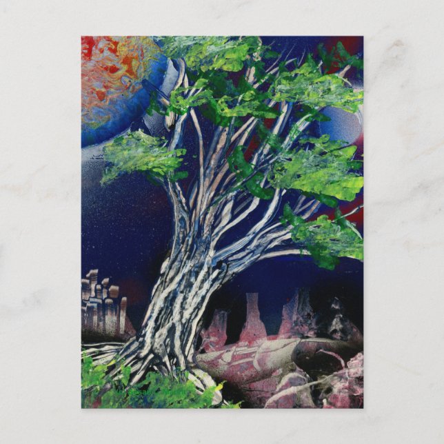 Träd-målning med blå stad och orange sol vykort (Framsida)