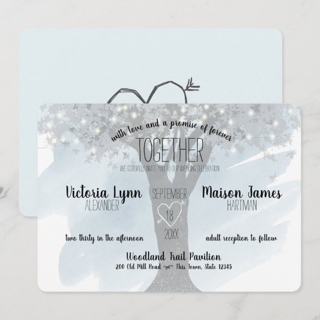 Träd med Carved Heart och String Ljus Blue Inbjudningar (Fram/baksida)