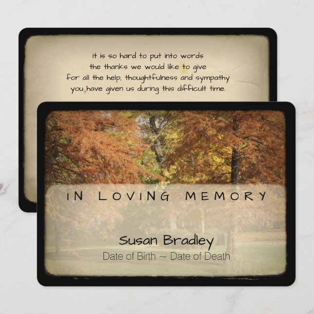 Träd Memorial Sympathy Tack med text 2 Inbjudningar (Fram/baksida)