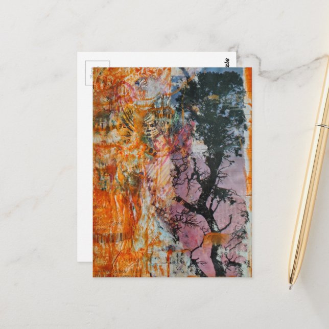 Träd Mixed Media Collage Vykort (Fram/Back In Situ)