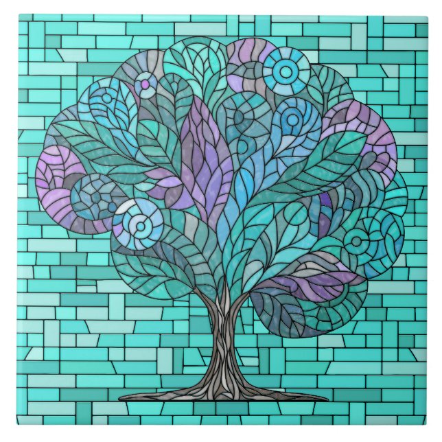 Träd Mosaic Art - Turkos och Lila Kakelplatta (Framsidan)