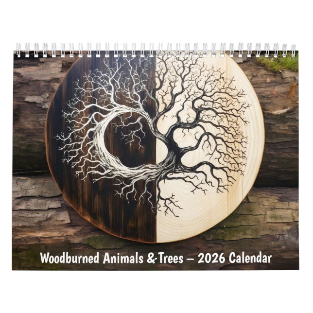 Träd och djur brännda i trä – 2026 Kalender (Omslag)