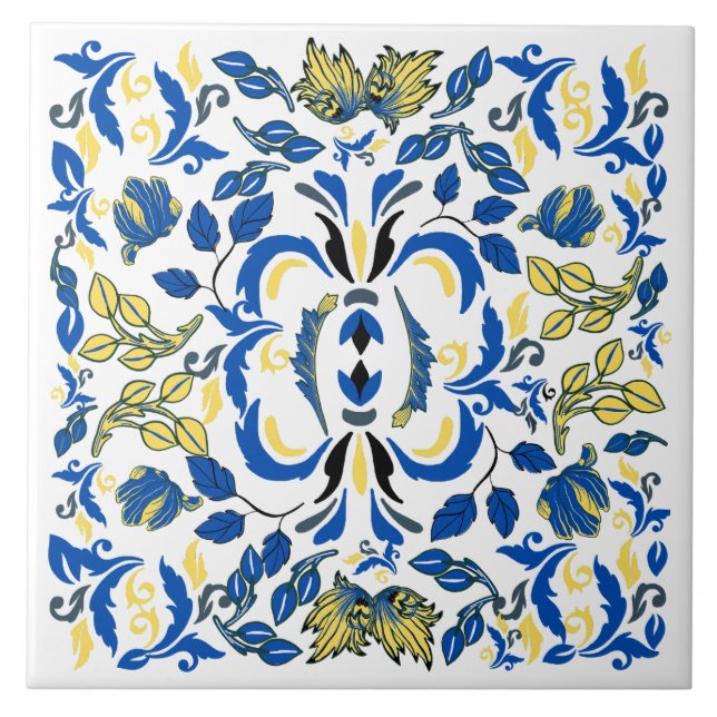 Träd och löv William Morris blå gult Kakelplatta (Framsidan)