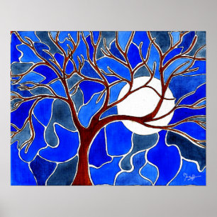 Träd och Måne på Canvas - Blue Poster