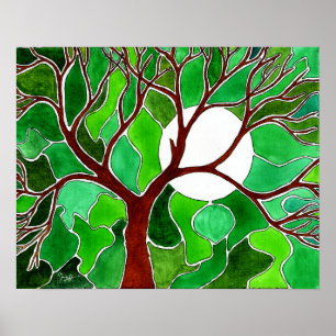 Träd och Måne på Canvas - Grönt Poster