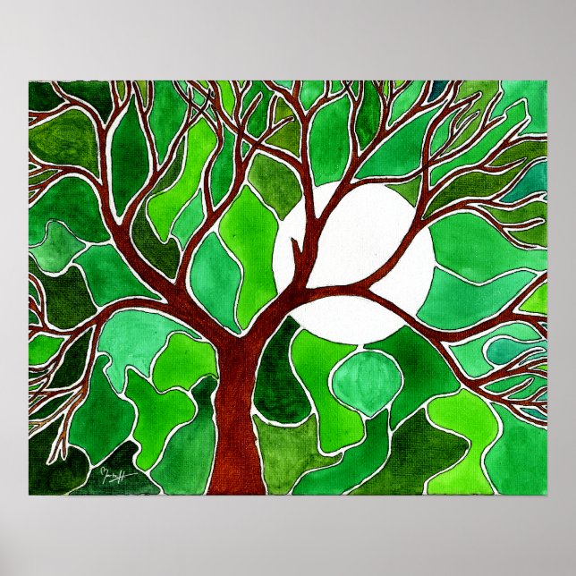 Träd och Måne på Canvas - Grönt Poster (Framsidan)