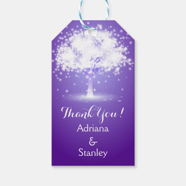 Träd och mousserande ljus lila bröllop Tack Presentetikett (Framsidan)