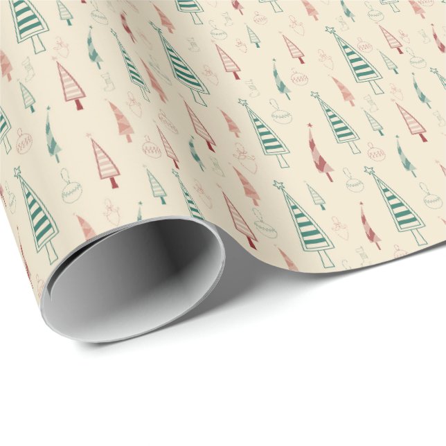 Träd och Prydnader Retro Jul Presentpapper (Rullad Hörn)