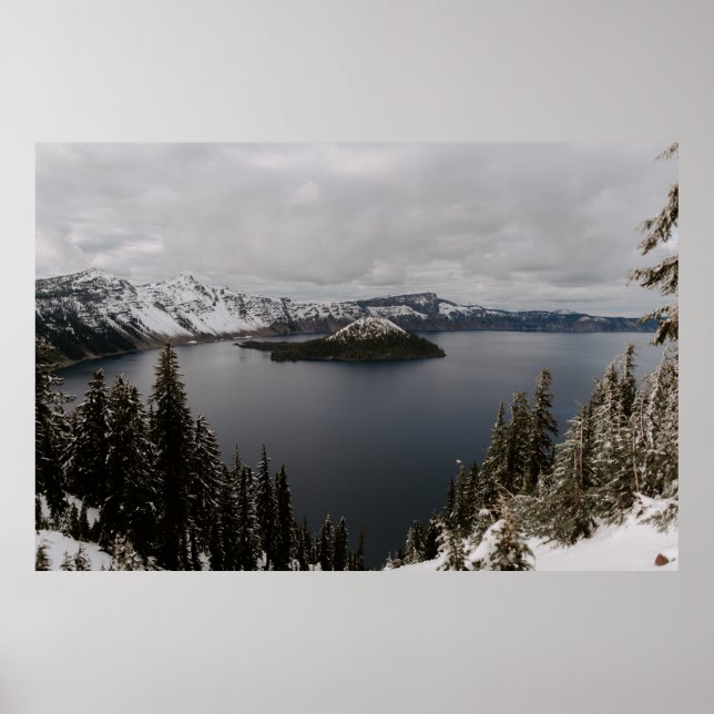 TRÄD PÅ SNÖ OMFATTADE MOUNTAIN NÄRA KROPPEN VATTEN POSTER (Framsidan)