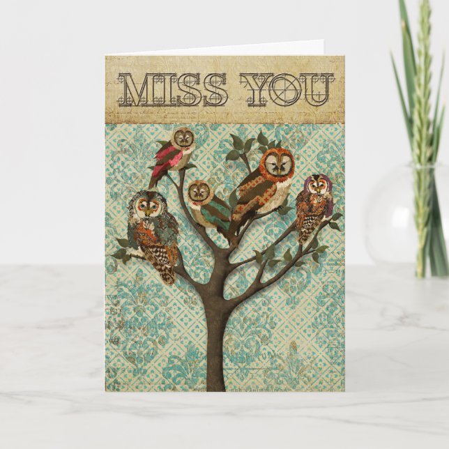 Träd på Uggla Miss You Card Kort (Framsida)