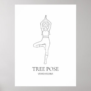 Träd Pose Yoga Woman Minimalist Black Line Art Poster