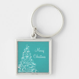 Träd Premium Keychain i Sparkly Helgdag, Aqua Fyrkantig Silverfärgad Nyckelring
