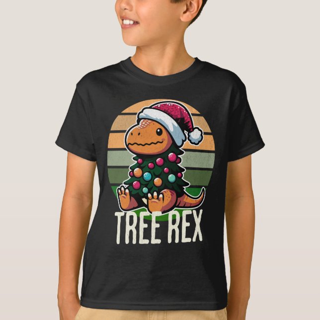 Träd Rex - Cute Tecknad Dinosaur in Festive Christ T Shirt (Framsida)