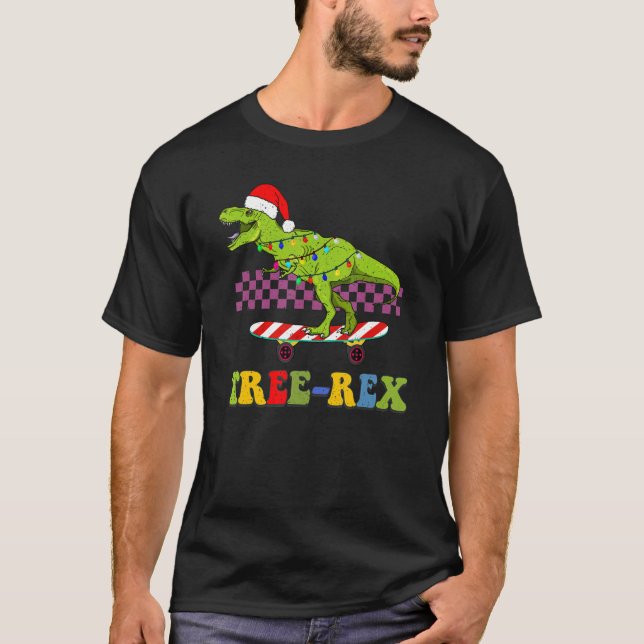 Träd rex retro jul dinosaur Julafton ljusskridskor T Shirt (Framsida)