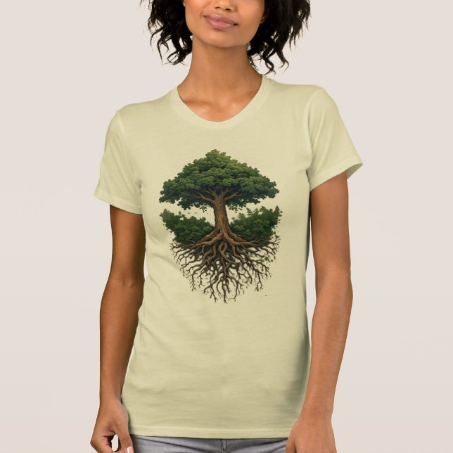 Träd-rötter som bildas i en mandala, jordnära grön t shirt (Framsida)