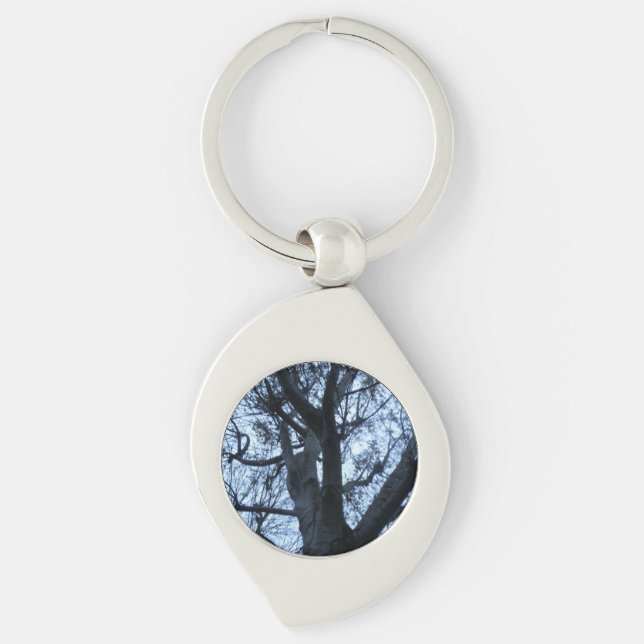 Träd Silhouette-fotokedja Swirl Silverfärgad Nyckelring (Framsidan)