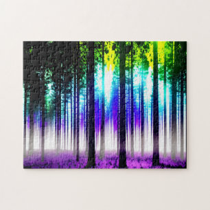 Träd Silhouette Lush Forest Lila blommor Pussel