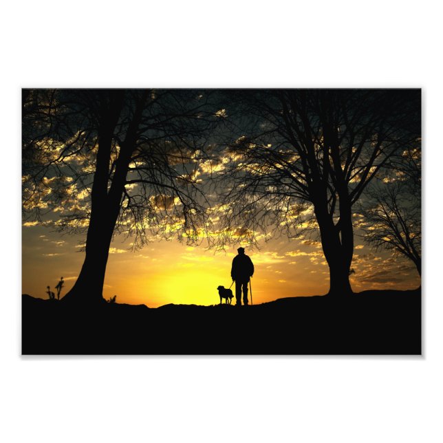 Träd Silhouette of Man and Hund at Sunset Fototryck (Framsidan)