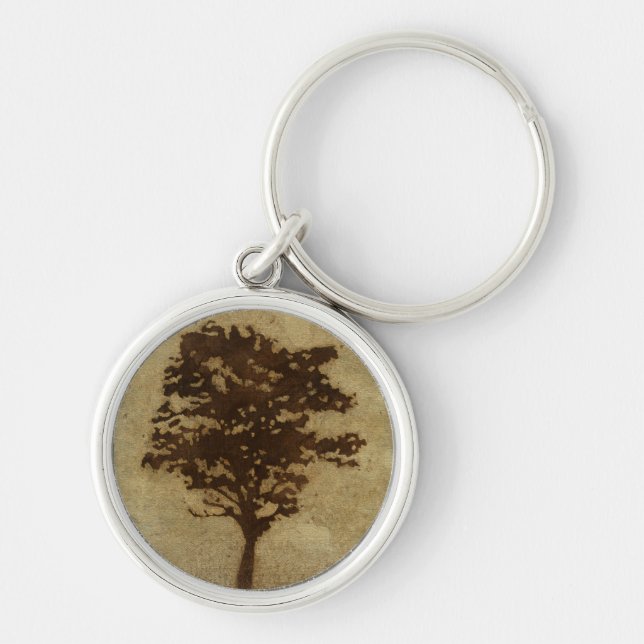 Träd Silhouette på Bronze Background Rund Silverfärgad Nyckelring (Framsidan)