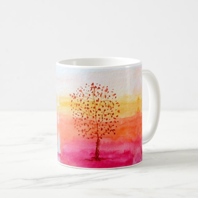 Träd Solnedgång Akvarell Handmålad Kaffemugg (Framsida höger)