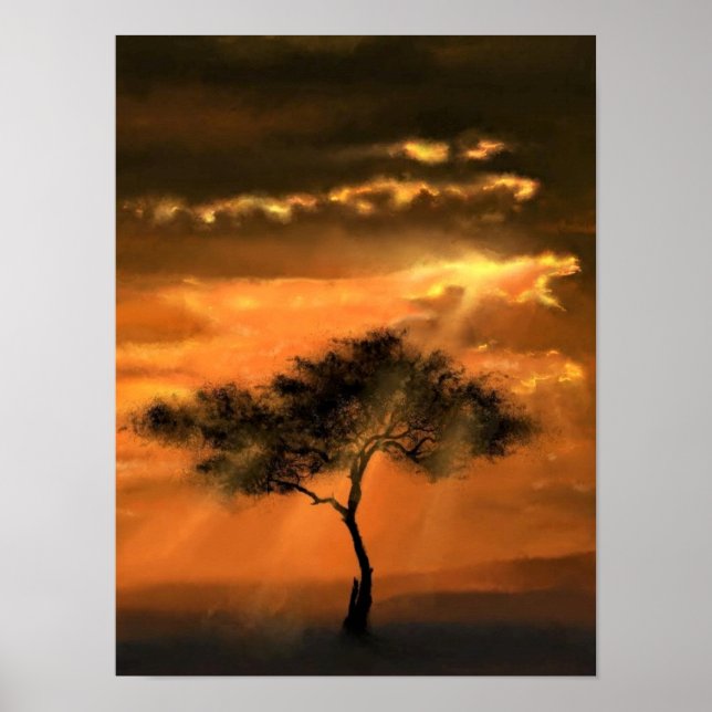 Träd Solstrålar Affisch Solnedgång (Framsidan)