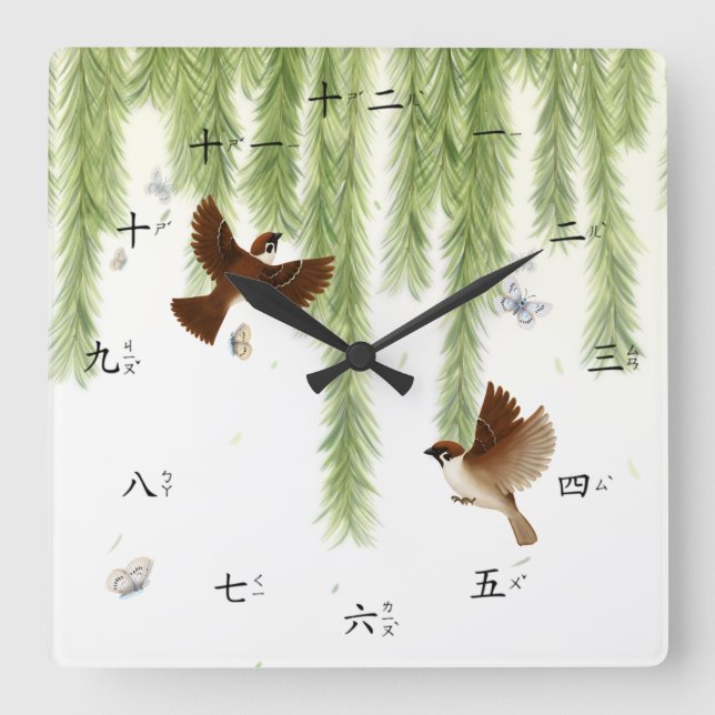 Träd Sparrows Chinese Numbers med Zhuyin Fuhao Sq Fyrkantig Klocka (Framsida)