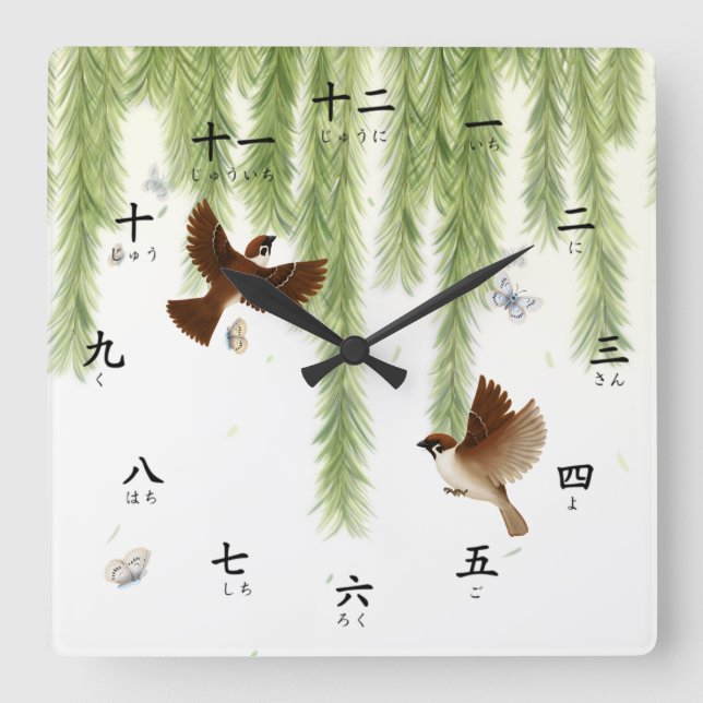 Träd Sparrows Kanji Numbers med Hiragana Square W Fyrkantig Klocka (Framsida)