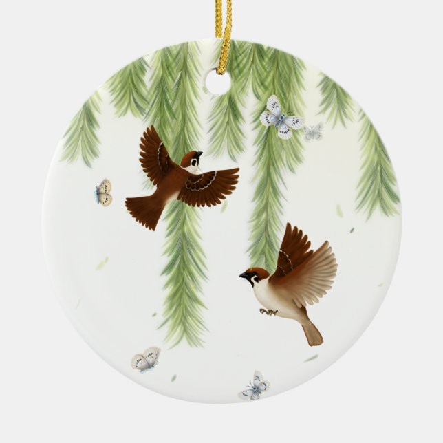 Träd Sparrows under en vipande Willow-Personlig Julgransprydnad Keramik (Framsidan)