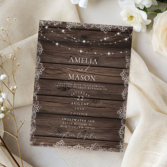 Träd & Spets Sladdljus Rustik Bröllopsinbjudan (Wood & Lace String Light Rustic Wedding Invitation)