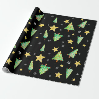 Träd Stars och Snöflingor på Black Gift Presentpapper