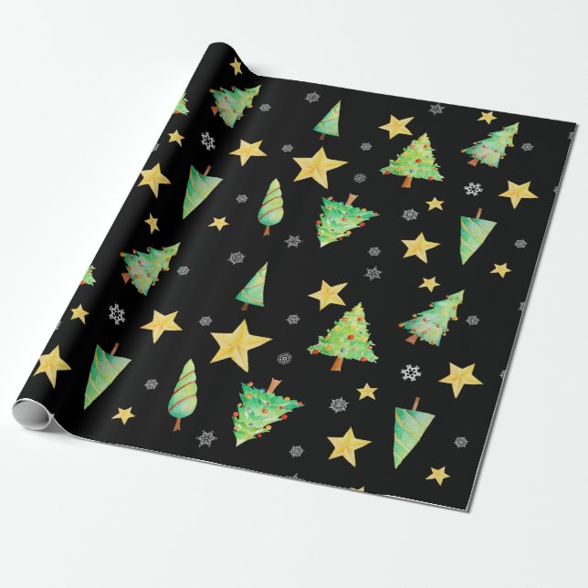 Träd Stars och Snöflingor på Black Gift Presentpapper (Utrullad)