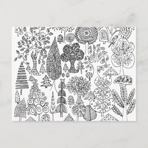 Träd Svart och Vitt Handritad Illustration Konst Vykort