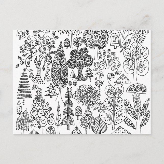 Träd Svart och Vitt Handritad Illustration Konst Vykort (Framsida)