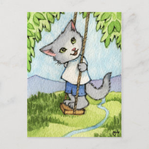 Träd Swing - Cute Cat Art Vykort