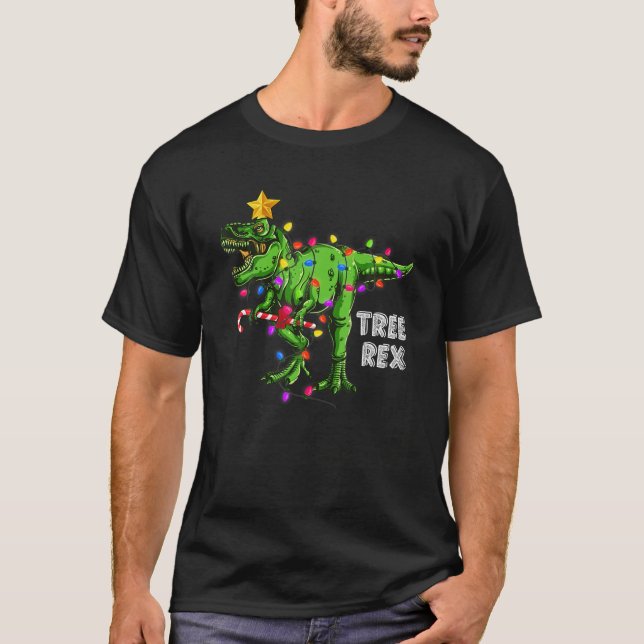 Träd T Rex Dinosaur Julafton jul Ljus Christma T Shirt (Framsida)