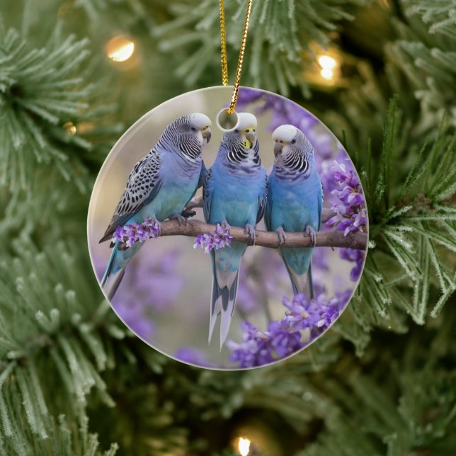 Träd Top Chatter: Blue Budgies in Jacaranda Träd, Julgransprydnad Keramik (Träd)