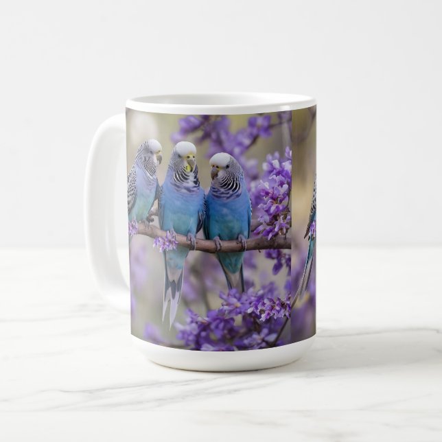 Träd Top Chatter: Blue Budgies in Jacaranda Träd, Kaffemugg (Framsida vänster)