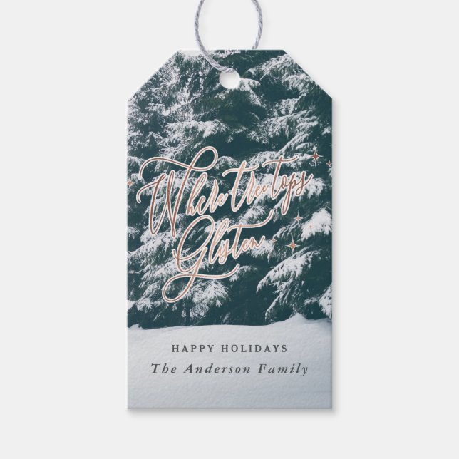 Träd toppar lyssnar på julen Helgdag Presentetikett (Framsidan)