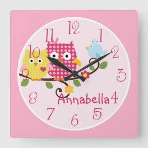 Träd Uggla och fåglar Barn Nursery Clock och Baby Fyrkantig Klocka